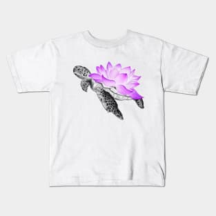 Detailed Sea Turtle with Neon Lotus Flower as Shell Kids T-Shirt